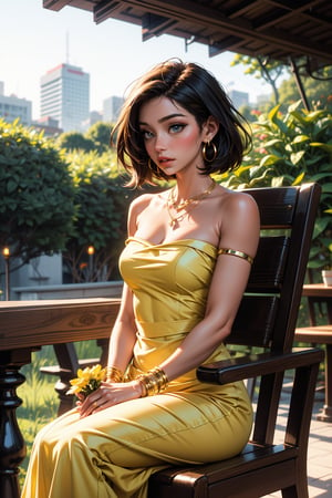 a woman is seated on a wicker chair, adorned with a ((yellow strapless dress)). She is adorned with gold bracelets, a necklace, and earrings. Her hair is styled in a sleek bob, adding a touch of shine to the scene. The woman's dress is adorned in a vibrant yellow hue, accenting her mid-section. A white handbag is placed on the armrest of the chair, with a red and yellow tag hanging from it. The backdrop is a verdant garden, with lush green trees and a white canopy. To the right of the woman, a white tablecloth is draped over the chair.