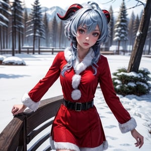 (masterpiece, best quality, ultra-detailed, 8K), 1girl, (ganyurnd), outdoors, snowing, sntdrs, sexy red santa dress, belt, fur, seductive_pose, medium_breasts ,looking_at_viewer