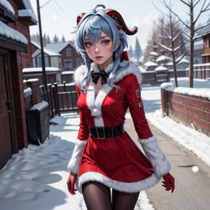 (masterpiece, best quality, ultra-detailed, 8K), 1girl, (ganyurnd), outdoors, snowing, sntdrs, sexy red santa dress, belt, fur, seductive_pose, medium_breasts ,looking_at_viewer