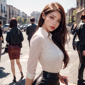 (((one young women))) ((wearing shirt and pencil skirt)), Sexy Pose, Sexy Women, hourglass_figure, (Very slim and slender fit muscular body:1.3), ((No people in the background:1.3)), (full_body), facing_viewer, 