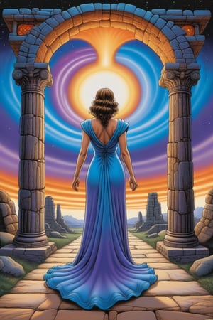 airbrush by r crumb, back view, A surreal scene where a barefoot woman in a flowing gown walks toward a swirling portal of vibrant blue, orange, and purple plasma in the shape of a galaxy. The gown moves with the portal's energy. The backdrop includes ancient stone ruins and pillars, creating a timeless, magical atmosphere. The woman approaches the portal confidently, evoking a sense of transformation and exploration.

