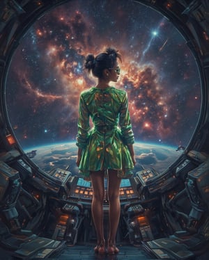 Full body portrait. A young woman stands in a futuristic starship observatory, gazing out at a breathtaking cosmic view. She is barefoot and wears a futuristic, form-fitting green mylar dress that accentuates her silhouette and complements the advanced surroundings, her feet visible on the metal floor. She is wearing round sapphire-tinted glasses, her skin is dark, and her black hair is in space buns. The observatory window reveals a sprawling nebula, vibrant with swirling reds, blues, and golden hues, set against the vast backdrop of countless stars. Distant galaxies and celestial bodies are scattered across the expansive view, creating a scene that is both humbling and awe-inspiring. The dim lighting within the starship contrasts with the glowing brilliance of the universe outside, with control panels softly illuminated by the ambient light. The atmosphere evokes a sense of wonder and solitude, as if the young woman is reflecting on her place in the cosmos or the journey ahead.,Midjourney_Whisper,Mecha