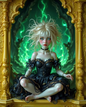 A hauntingly beautiful porcelain doll dressed in a short silk dress, sitting barefoot with feet raised on an ornate yellow shelf. The doll has a pale white face with delicate features and piercing glassy blue eyes. Its expression is melancholic, with soft pink blush and subtly defined red lips. The doll's wild, platinum-blonde hair is styled messily and adorned with small golden accents and ribbons. The dress is black with satin highlights and conforms to her body. Behind the shelf, a supernatural scene unfolds: a swirling, misty portal with a green phosphorescent maelstrom and ghostly forms emerging, creating an unsettling contrast with the doll's elegant appearance. The doll's proportions are distinctly doll-like, with slightly larger eyes and a smaller body in relation to the head, giving it a surreal, almost otherworldly feel. The overall atmosphere is eerie yet beautiful, blending vintage elegance with a sense of supernatural mystery.".,Midjourney_Whisper,