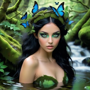 forest nymph emerging from a serene woodland stream head and shoulders, with deep black hair and intense green eyes, by vibrant green eyeshadow that complements the natural setting. forehead adorned with a moss-covered headband, and delicate, vibrant blue butterflies rest gently in her hair. The background is lush and verdant, filled with large green leaves and moss-covered branches, suggesting a secluded, magical forest. The water around her is clear, enchanting