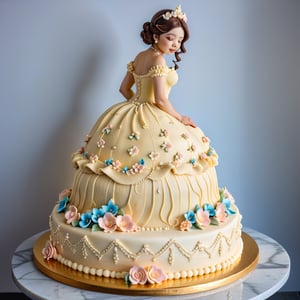 A buttercream cake sculpture full body closeup of a crouching woman wearing a dress, with hourglass figure, frosted with chocolate buttercream frosting, decorated in elaborate designs, displayed on a marble counter, there is buttercream frosting with iridescent gloss, sugar flowers, and piping,