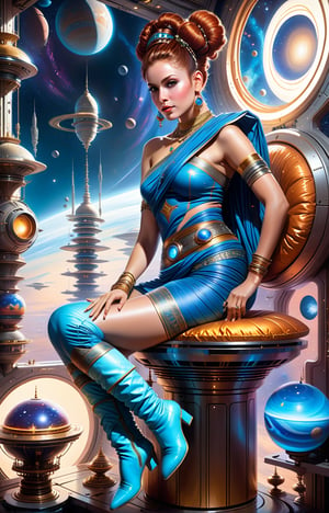 hyperdetailed airbrush by pino daeni
full body portrait of futuristic woman with auburn hair in tight space buns, fair skin, wearing sari minidress with pallu over one shoulder and high hemline wearing knee high shyam blue boots in space station with large viewport facing stars seated on cushioned stool in private room with intricate indian decor and incense burner