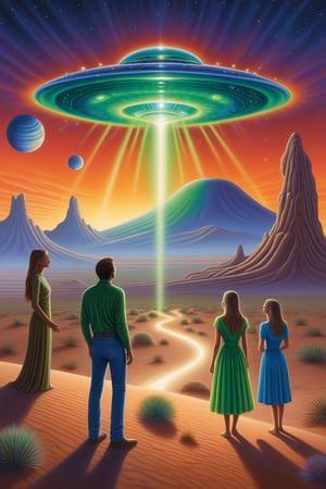 airbrush by alex grey, A retro-futuristic scene in a desert at dusk. A large UFO hovers above the ground, emitting a bright green beam of light. Three figures stand nearby—one walks toward the beam while two others, a man in jeans and a woman in a glowing, starry dress, watch from a distance. The sky is filled with planets and stars, adding to the surreal extraterrestrial atmosphere, evoking a sense of wonder and curiosity.