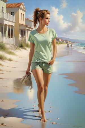 commercial airbrush art style emphasizing earth tones and muted color by pino daeni,
Front view, Young woman with auburn ponytail, barefoot on sandy beach, facing viewer. Wears light green solid T-shirt without text, light blue denim shorts. T-shirt loosely tucked. Full body visible, leaving footprints in sand. Coastal town with weathed stucco, light facades, background people. Clear sky, fluffy clouds, warm sunny vibe. Soft lighting, vibrant colors. Gentle shadows, detailed footprints, textured buildings for depth.