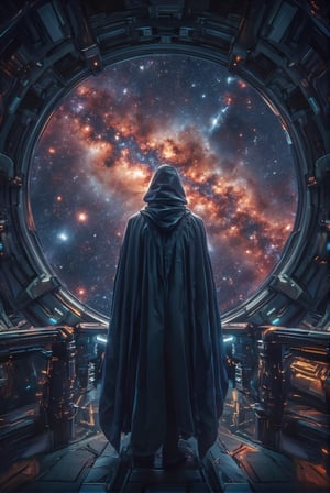 A cinematic shot of a lone figure standing in a futuristic starship observatory. The figure is clad in a dark robe and wears a hood, obscuring their face. They gaze out at a breathtaking cosmic view, with a sprawling nebula and countless stars. The observatory window reveals a vibrant nebula with swirling reds, blues, and golden hues. The dim lighting within the starship contrasts with the glowing brilliance of the universe outside. The atmosphere evokes a sense of wonder and solitude.,Midjourney_Whisper,Mecha