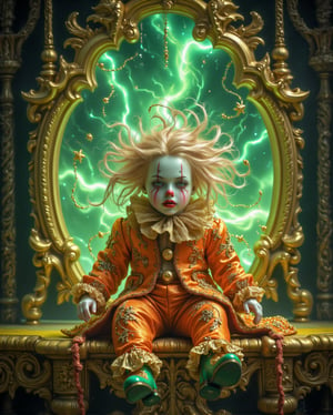 A hauntingly beautiful vintage porcelain clown doll sits on an ornate yellow shelf, exuding an eerie charm. The doll's pale white face has intense red and black makeup around its eyes, with delicate lines extending downwards, giving it a melancholic expression. Its deep red lips contrast with its somber face. The wild, platinum-blonde hair is styled messily and adorned with golden accents and star-like decorations, adding an ethereal yet unsettling touch.

The doll dons an elaborate orange velvet coat and pants, intricately embroidered with gold and featuring lace ruffles. Its green shoes have golden accents, completing the elaborate outfit. Behind the shelf, a supernatural scene unfolds: a swirling, misty portal with a green phosphorescent maelstrom and ghostly forms emerging, creating an unsettling contrast with the doll's.,Midjourney_Whisper,