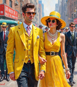 An impressionistic painting of a sophisticated couple from the 1920s walking arm in arm down a bustling city street. The man, exuding elegance, wears a light yellow blazer over a vest, a pastel-patterned tie, and round, tinted glasses. He has dark hair, fair skin, clean shaven with no facial hair, and his expression radiates arrogance. The woman, equally stylish, dons a flowing sleeveless dress with layers of pearl necklaces, a bold belt, and a wide-brimmed hat with a soft pastel band, complementing her round glasses. The backdrop features classic 1920s cars and men in suits and hats, adding to the lively, nostalgic atmosphere of a bygone era. The loose, impressionistic brushstrokes create a dreamy, ethereal quality, enhancing the timeless charm and sophistication of the scene.