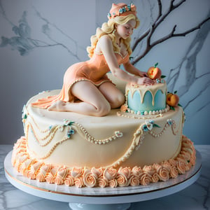 A buttercream cake sculpture full body closeup of a crouching woman, with hourglass figure, frosted with peach buttercream frosting, decorated in elaborate designs, displayed on a marble counter, there is buttercream frosting with iridescent gloss, sugar flowers, and piping,