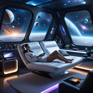 Hyperdetailed airbrush. Young woman lounging in future high-tech space cabin. Reclining on sleek, futuristic couch with legs stretched out comfortably. Wearing casual clothes, barefoot, Earbuds in ears, listening to music. Room filled with soft, ambient lighting. Holographic displays floating around, showing album covers, playlists, star maps. Large window next to bed with view of outer space, stars, planets, nebula backdrop. Small floating robot nearby with drink. gadgets and personal items scattered around room.
