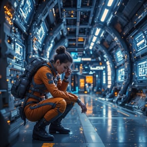 An oblique, partly sideways view of a stressed woman crouching in the brighty lit corridor of a futuristic starship filled with holographic displays. She is wearing a sleek, form-fitting futuristic mango orange jumpsuit with metallic highlights and sleek military space boots, with her hair neatly tied in a bun. The woman is resting her elbows on her knees and pressing her forehead into her clasped hands, appearing overwhelmed or deep in thought. The corridor features advanced technology with metallic walls, glowing panels, and smooth, sleek design elements, evoking a spacefaring environment. The mood is somber and reflective.,Mecha,SpaceAstronaut