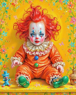 Oil painting with vivid brushstokes of a hauntingly beautiful vintage porcelain doll, dressed as a clown, sits proudly on a bright yellow shelf. The doll's face is pale white, adorned with red lips and streaky makeup with blue eyeshadow, featuring stars around its eyes. Its curly, fluffy red hair cascades down its back, contrasting with a frilly white and pink ruffled collar trimmed in gold lace. The doll's outfit includes an orange coat and matching pants, with green shoes embellished with lace and a small gold adornment. The vibrant yellow background is adorned with delicate floral patterns in pastel colors, creating a surreal, unsettling atmosphere. The doll's expression leans towards eerie, with a slightly tilted head and wide glassy blue eyes that capture an almost knowing look, making the viewer feel watched. The overall feeling is subtly disturbing but not overtly hostile.,Midjourney_Whisper,