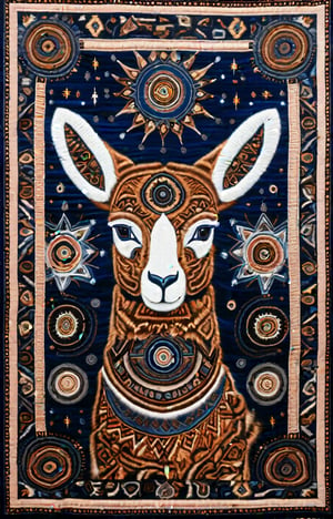 tapestry wall hanging by pablo amaringo, alex grey
 stylized and vibrant alpaca in front view symmetrical pose. alpaca soft, woolly texture earthy tones brown, cream, beige. background deep midnight blue with intricate geometric patterns and celestial motifs, accented with hints of deep greens. The tapestry's borders feature detailed, woven patterns with earth tones, creating a harmonious balance. overall design has  mystical feel, texture of tapestry clearly visible, tactile, handmade quality and the natural use of alpaca wool.