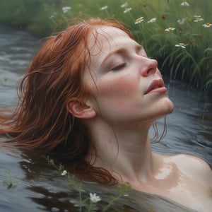 rainy atmospheric oil painting, close up woman with flowing auburn hair, bathing in the rain with head out of the water, immersed to neck, in a stream by wildflower meadow by alyssa monks