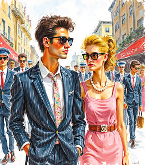 An impressionist ink drawing in loose brushstrokes, of 1960s London mod culture. A stylish young couple stroll down a bustling city street, exuding effortless charm and timeless glamour. The man has dark hair, fair skin, clean shaven with no facial hair, and his expression radiates arrogance.  He wears a stripled blazer, white shirt, pastel-patterned tie, and mod tinted glasses. He has a slight sneer as he observes the scene. The woman has blond hair in an updo, dons a sleeveless pastel pink dress, pearl necklace, bold belt, and matching tinted glasses. The backdrop is a vibrant street filled with vintage cars and fellow fashionable individuals, creating an atmosphere that is nostalgic, lively, and utterly unforgettable.