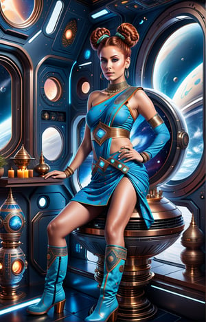 hyperdetailed airbrush full body portrait of futuristic woman with auburn hair in tight space buns, fair skin, wearing sari minidress with pallu over one shoulder and high hemline wearing knee high shyam blue boots in space station with large viewport facing stars seated on cushioned stool in private room with intricate indian decor and incense burner