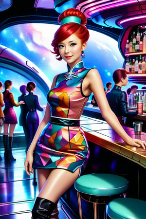 A colorful pastel of a woman wearing a cheongsam miniskirt and boots. The dress features a geometric tessellation fabric pattern, made of velvet, and sapphire earrings. She is wearing a pillbox hat with a feather and has auburn hair in an updo. She is in a crowded futuristic bar on a space station with large windows showing outer space with the rings of Saturn. The bar has sleek, metallic surfaces and neon lights.