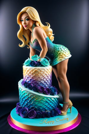 A cake sculpture of a crouching woman wearing a bodycon dress. there is buttercream frosting, and vibrant iridescent decorations
