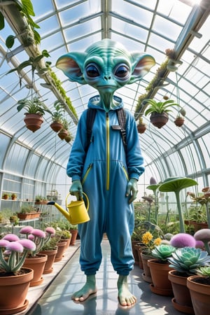 pastel hyperdetailed airbrush
alien, barefoot, 
 wearing a loose blue canvas jumpsuit. small body,
large head, wrinkled face, and oversized bug-like eyes, holds a watering can standing inside a futuristic greenhouse. The greenhouse, filled with sunlight from a high glass ceiling, hosts an array of alien plants, including unusual flowers and fungal protuberances. The plants are lush and otherworldly, with vibrant colors and bizarre shapes.