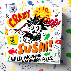 A vibrant and playful packaging design for frozen breakfast sushi. The package features a hand-drawn, spiky-haired character holding a piece of sushi with a wide, excited expression. The typography is bold, irregular, and hand-drawn, with phrases like 'Crazy Good Sushi!' and 'Wild Morning Rolls!' in bright, contrasting colors like yellow, red, and green. The background is filled with playful, doodle-like elements such as suns, fish, and chopsticks. The overall style is intentionally naive and amateurish, giving it a fun and energetic appeal.