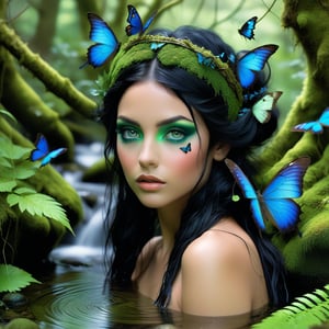 forest nymph emerging from a serene woodland stream head and shoulders, with deep black hair and intense green eyes, by vibrant green eyeshadow that complements the natural setting. forehead adorned with a moss-covered headband, and delicate, vibrant blue butterflies rest gently in her hair. The background is lush and verdant, filled with large green leaves and moss-covered branches, suggesting a secluded, magical forest. The water around her is clear, enchanting