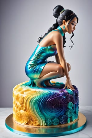 A cake sculpture of a crouching woman wearing a bodycon dress. there is buttercream frosting, and vibrant iridescent decorations
