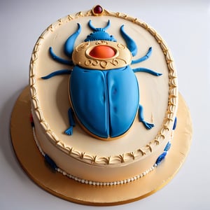 exquisite and artistic cake, shaped like elongated elliptical, covered in a smooth layer of peach buttercream frosting. centerpiece of cake is a large, intricately detailed scarab, with ancient Egyptian-inspired motifs, vibrant colors, lapis lazuli blue, gold, and red highlights. scarab's detailed design complements the cake's shape, creating irresistible masterpiece. luxurious dessert, adorned with luxurious finishes and craftsmanship, is presented on a pristine white surface, waiting to be admired and enjoyed.,Egyptian mythology style