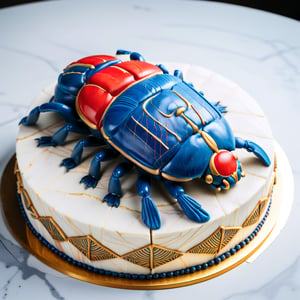 A decorated buttercream cake in the shape of a traditional Egyptian scarab beetle, primarily in lapis lazuli blue with red and gold highlights, presented in an oblique view. The cake has a smooth, glossy surface, with a clear division down the middle of the shell and six legs. The scarab is placed on a luxurious marble counter, with the marble featuring subtle veining in shades of white and gray, adding to the overall opulent presentation. The lighting emphasizes the glossy finish of the cake and the rich colors of the scarab's design.