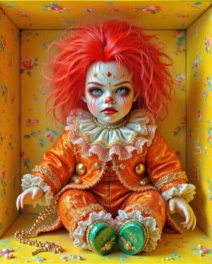 A hauntingly beautiful vintage porcelain doll, dressed as a clown, sits proudly on a bright yellow shelf. The doll's face is pale white, adorned with red lips and whimsical makeup, featuring stars around its eyes. Its curly, fluffy red hair cascades down its back, contrasting with a frilly white and pink ruffled collar trimmed in gold lace. The doll's outfit includes an orange coat and matching pants, with green shoes embellished with lace and a small gold adornment. The vibrant yellow background is adorned with delicate floral patterns in pastel colors, creating a surreal, unsettling atmosphere. The doll's expression leans towards eerie, with a slightly tilted head and wide glassy blue eyes that capture an almost knowing look, making the viewer feel watched. The overall feeling is subtly disturbing but not overtly hostile.,Midjourney_Whisper,