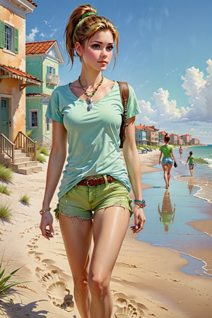 commercial airbrush art style emphasizing earth tones and muted color by pino daeni, Front view, Young woman with auburn ponytail, barefoot on sandy beach, facing viewer. Wears light green solid T-shirt without text, light blue denim shorts, shell necklace, T-shirt loosely tucked. Full body visible, leaving footprints in sand. Coastal town with weathed stucco, light facades, background people. Clear sky, fluffy clouds, warm sunny vibe. Soft lighting, vibrant colors. Gentle shadows, detailed footprints, textured buildings for depth.
