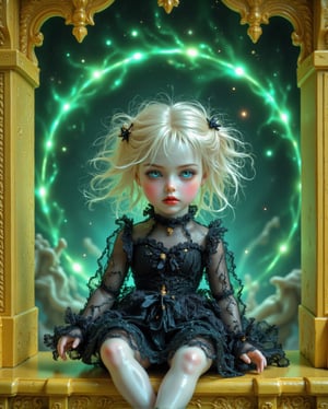 A hauntingly beautiful porcelain doll dressed in a short silk dress, sitting barefoot on an ornate yellow shelf. The doll has a pale white face with delicate features and piercing glassy blue eyes. Its expression is melancholic, with soft pink blush and subtly defined red lips. The doll's wild, platinum-blonde hair is styled messily and adorned with small golden accents and ribbons. The dress is black lace and conforms to her body. Behind the shelf, a supernatural scene unfolds: a swirling, misty portal with a green phosphorescent maelstrom and ghostly forms emerging, creating an unsettling contrast with the doll's elegant appearance. The doll's proportions are distinctly doll-like, with slightly larger eyes and a smaller body in relation to the head, giving it a surreal, almost otherworldly feel. The overall atmosphere is eerie yet beautiful, blending vintage elegance with a sense of supernatural mystery.".,Midjourney_Whisper,