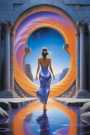 airbrush by hajime sorayama, back view, A surreal scene where a barefoot woman in a flowing gown walks toward a swirling portal of vibrant blue, orange, and purple plasma in the shape of a galaxy. The gown moves with the portal's energy. The backdrop includes ancient stone ruins and pillars, creating a timeless, magical atmosphere. The woman approaches the portal confidently, evoking a sense of transformation and exploration.

