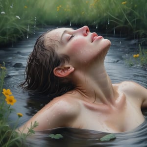 rainy atmospheric oil painting, close up woman bathing in the rain with head out of the water, immersed to neck, in a stream by wildflower meadow by alyssa monks