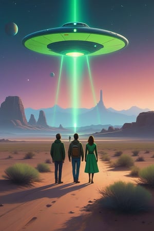 airbrush by simon stålenhag, A retro-futuristic scene in a desert at dusk. A large UFO hovers above the ground, emitting a bright green beam of light. Three figures stand nearby—one walks toward the beam while two others, a man in jeans and a woman in a glowing, starry dress, watch from a distance. The sky is filled with planets and stars, adding to the surreal extraterrestrial atmosphere, evoking a sense of wonder and curiosity.