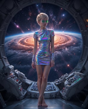 Full body portrait. A young woman stands in a brightly lit futuristic starship, gazing out at a breathtaking cosmic view. She is barefoot and wears a futuristic, form-fitting iridescent minidress that accentuates her silhouette and complements the advanced surroundings, her feet visible on the metal floor. She is wearing round green-tinted glasses, her skin is fair, and her short blond hair is in a pixie haircut. The window reveals a sprawling nebula, vibrant with swirling reds, blues, and golden hues, set against the vast backdrop of countless stars. Distant galaxies and celestial bodies are scattered across the expansive view, creating a scene that is both humbling and awe-inspiring. The lighting within the starship offsets the glowing brilliance of the universe outside, with control panels softly illuminated by the ambient light. The atmosphere evokes a sense of wonder and solitude, as if the young woman is reflecting on her place in the cosmos or the journey ahead.,Midjourney_Whisper,Mecha,aidmaFeetFix