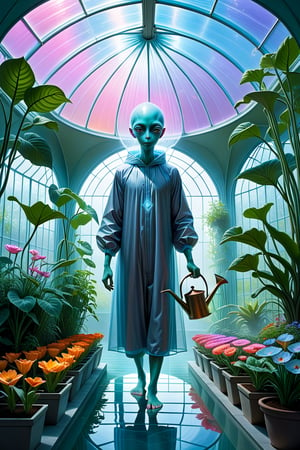 pastel by alex grey
Interior of  futuristic greenhouse with high ceilings,  short barefoot roswell gray alien wearing smock and carrying watering can tending to the plants. The alien has evocative expression, big eyes. The scene includes exotic, bioluminescent plants and colorful flowers under a high, dome-shaped ceiling made of transparent, hexagonal panels. The environment has floating light sources, phosphorescence,  surreal, high-tech vibe.
