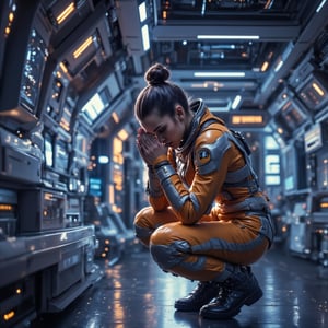 An oblique, partly sideways view of a stressed woman crouching in the brighty lit corridor of a futuristic starship filled with holographic displays. She is wearing a sleek, form-fitting futuristic mango orange jumpsuit with metallic highlights and sleek military space boots, with her hair neatly tied in a bun. The woman is resting her elbows on her knees and pressing her forehead into her clasped hands, appearing overwhelmed or deep in thought. The corridor features advanced technology with metallic walls, glowing panels, and smooth, sleek design elements, evoking a spacefaring environment. The mood is somber and reflective.,Mecha,SpaceAstronaut