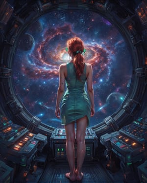 Full body portrait. A young woman stands in a futuristic starship observatory, gazing out at a breathtaking cosmic view. She is barefoot and wears a futuristic, form-fitting dress that accentuates her silhouette and complements the advanced surroundings, her feet visible on the metal floor. She is wearing round green-tinted glasses, and her auburn hair is tied back in a casual ponytail. The observatory window reveals a sprawling nebula, vibrant with swirling reds, blues, and golden hues, set against the vast backdrop of countless stars. Distant galaxies and celestial bodies are scattered across the expansive view, creating a scene that is both humbling and awe-inspiring. The dim lighting within the starship contrasts with the glowing brilliance of the universe outside, with control panels softly illuminated by the ambient light. The atmosphere evokes a sense of wonder and solitude, as if the young woman is reflecting on her place in the cosmos or the journey ahead.,Midjourney_Whisper,Mecha