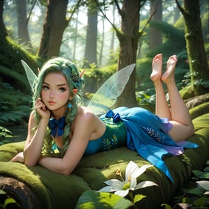 score_9, score_8_up, score_7_up full body fairy portrait 
fantasy, enchanted meadow, fairy world,
oblique view medium shot, facing viewer, young fairy wearing sparkling gosammer dress, iridescent hair tied with bow, smooth skin, barefoot,
in forest clearing with ferns,
 prone position, lying prone on stomach with both feet crossed raised high behind her, forearms on moss, perfect feet, beautiful feet, toes




