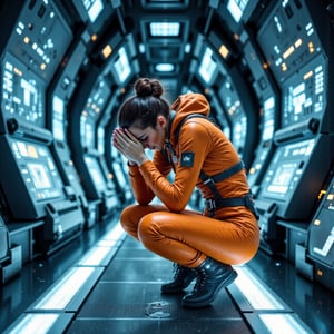 An oblique, partly sideways view of a stressed woman crouching in the brighty lit corridor of a futuristic starship filled with holographic displays. She is wearing a sleek, form-fitting futuristic mango orange jumpsuit with metallic highlights and sleek military space boots, with her hair neatly tied in a bun. The woman is resting her elbows on her knees and pressing her forehead into her clasped hands, appearing overwhelmed or deep in thought. The corridor features advanced technology with metallic walls, glowing panels, and smooth, sleek design elements, evoking a spacefaring environment. The mood is somber and reflective.