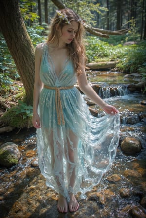 A graceful nymph stands beside a clear, flowing stream in a serene forest, wearing a dress magically formed of cascading water. The gown of water flows around her,  liquid, with translucent layers that shimmer in shades of blue and white. It resembles a waterfall, draping gently from her shoulders and cinched at the waist with a simple, braided reed belt. Her hair is adorned with small water lilies and damp strands, adding to the effect of water in motion. The nymph stands barefoot on the mossy ground, her pose serene and fluid, with one hand gently touching the surface of the stream. Sunlight filters softly through the trees, reflecting off the flowing water and creating a mesmerizing glow around her, capturing the ethereal and otherworldly essence of the scene. aidmaFeetFix,Midjourney_Whisper