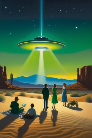 airbrush by edward hopper, A retro-futuristic scene in a desert at dusk. A large UFO hovers above the ground, emitting a bright green beam of light. Three figures stand nearby—one walks toward the beam while two others, a man in jeans and a woman in a glowing, starry dress, watch from a distance. The sky is filled with planets and stars, adding to the surreal extraterrestrial atmosphere, evoking a sense of wonder and curiosity.