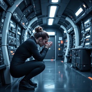 An oblique, partly sideways view of a stressed woman crouching in the corridor of a futuristic starship. She is wearing a sleek, form-fitting futuristic jumpsuit, with her hair neatly tied in a bun. The woman is resting her elbows on her knees and pressing her forehead into her clasped hands, appearing overwhelmed or deep in thought. The corridor features advanced technology with metallic walls, glowing panels, and smooth, sleek design elements, evoking a spacefaring environment. The mood is somber and reflective.