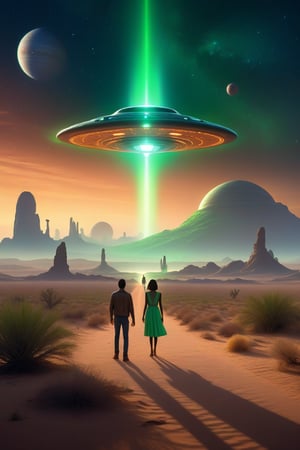 A retro-futuristic scene in a desert at dusk. A large UFO hovers above the ground, emitting a bright green beam of light. Three figures stand nearby—one walks toward the beam while two others, a man in jeans and a woman in a glowing, starry dress, watch from a distance. The sky is filled with planets and stars, adding to the surreal extraterrestrial atmosphere, evoking a sense of wonder and curiosity.