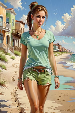 commercial airbrush art style emphasizing earth tones and muted color by pino daeni, full body Front view, Young woman with auburn ponytail, barefoot on sandy beach, facing viewer. Wears light green solid T-shirt without text, light blue denim shorts, shell necklace, T-shirt loosely tucked. Full body visible, leaving footprints in sand. Coastal town with weathed stucco, facades, background people. Clear sky, fluffy clouds, warm sunny vibe. Soft lighting, vibrant colors. shadows, detailed footprints, textured buildings
