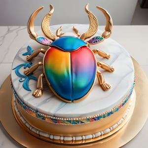 glossy, specular, oblique side view,
decorated cake sculpture in shape of iconic colorful Egyptian scarab,  Scarabaeus sacer, ((six insect legs)),  peach frosting with iridescent lapis lazuli, red and gold highlights, seamless rainbow iridescent paisley gold filigree, silver dragees, cake has a smooth, glossy surface, clear division down the middle of shell and six legs. scarab  on marble counter with subtle veining in shades of white and gray, opulent presentation