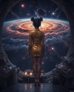 Full body portrait. A young woman stands in a futuristic starship observatory, gazing out at a breathtaking cosmic view. She is barefoot and wears a futuristic, form-fitting goldenrod mylar dress that accentuates her silhouette and complements the advanced surroundings, her feet visible on the metal floor. She is wearing round sapphire-tinted glasses, her skin is dark, and her black hair is in space buns. The observatory window reveals a sprawling nebula, vibrant with swirling reds, blues, and golden hues, set against the vast backdrop of countless stars. Distant galaxies and celestial bodies are scattered across the expansive view, creating a scene that is both humbling and awe-inspiring. The dim lighting within the starship contrasts with the glowing brilliance of the universe outside, with control panels softly illuminated by the ambient light. The atmosphere evokes a sense of wonder and solitude, as if the young woman is reflecting on her place in the cosmos or the journey ahead.,Midjourney_Whisper,Mecha,aidmaFeetFix